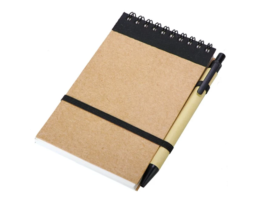 Czarny eko notes Kraft 90x140 z długopisem i gumką