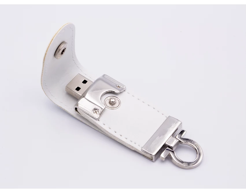 Biały pendrive skórzany z logo – eko-skóra, metal, premium