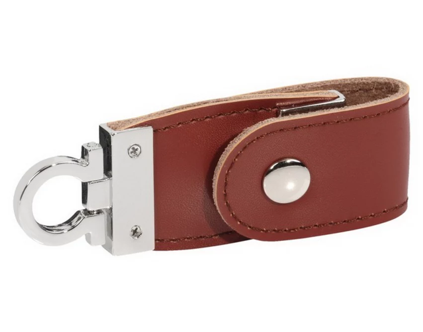 Pendrive skórzany brązowy z logo, chromowane wykończenie