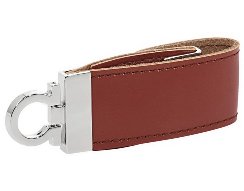 Pendrive skórzany brązowy z logo, chromowane wykończenie