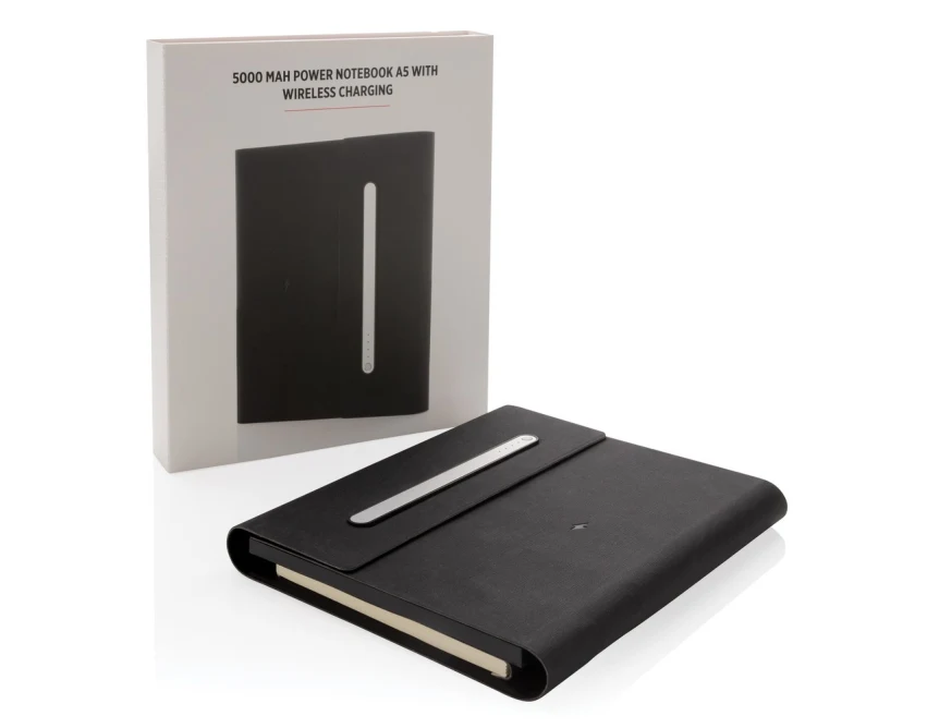 Czarny notatnik A5 z powerbankiem bezprzewodowym 5000mAh