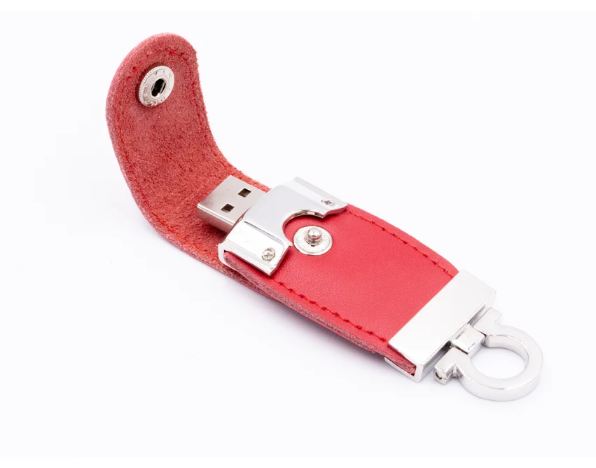 Czerwony pendrive skórzany z logo – eko-skóra, UV