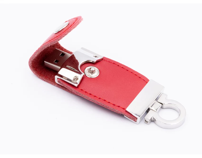 Czerwony pendrive skórzany z logo – eko-skóra, UV