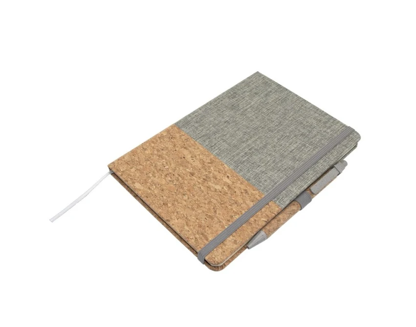 Szary eko notes A5 z korka z długopisem i logo firmy