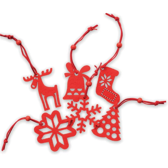 Schemat znakowania dla Transfer sitodruk - T1 na gadżecie: Czerwone filcowe zawieszki z logo – komplet 6 świątecznych sztuk