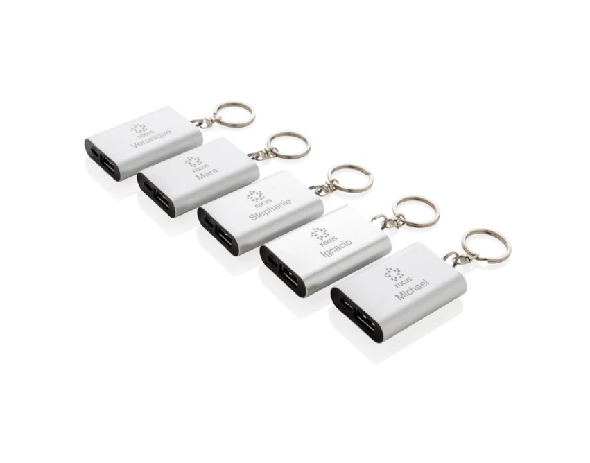 Brelok power bank 1000 mAh srebrny z logo – aluminium