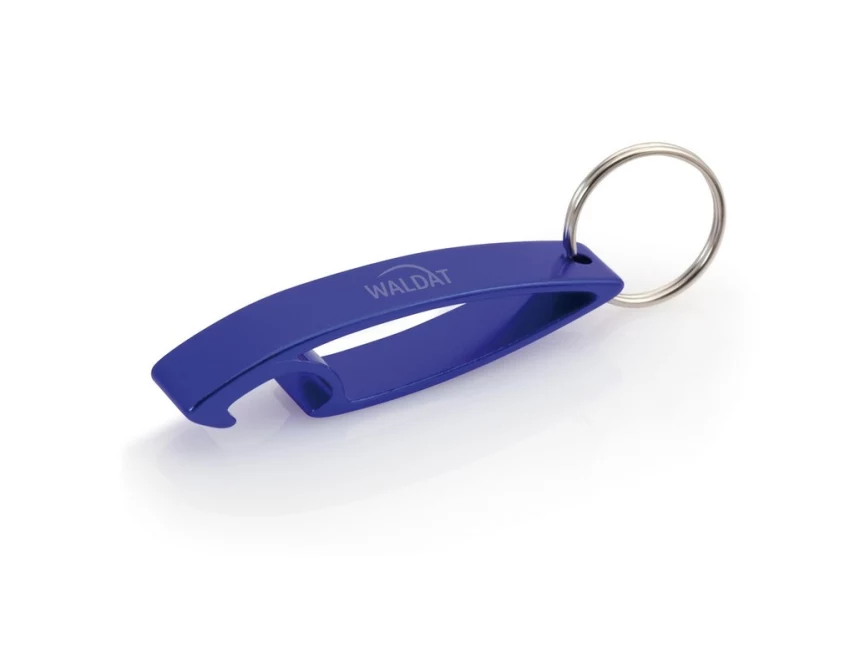 Granatowy aluminiowy brelok z otwieraczem i logo firmy