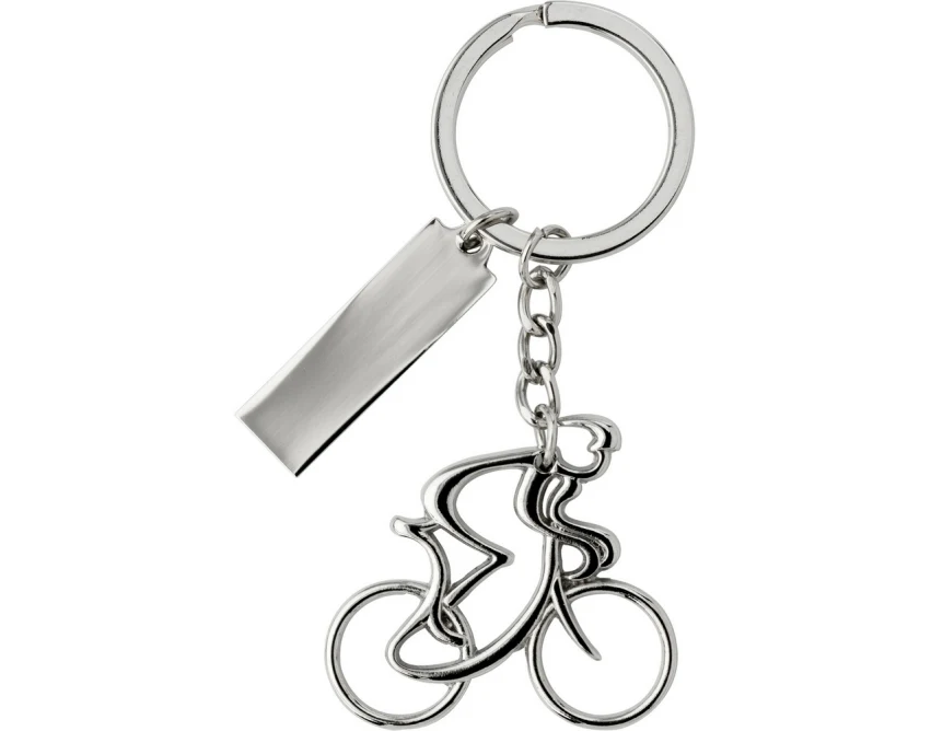Srebrny brelok rowerzysta z grawerem logo, metalowy premium