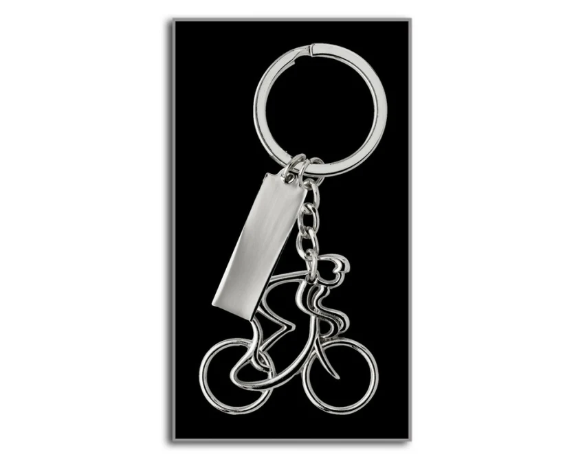 Srebrny brelok rowerzysta z grawerem logo, metalowy premium
