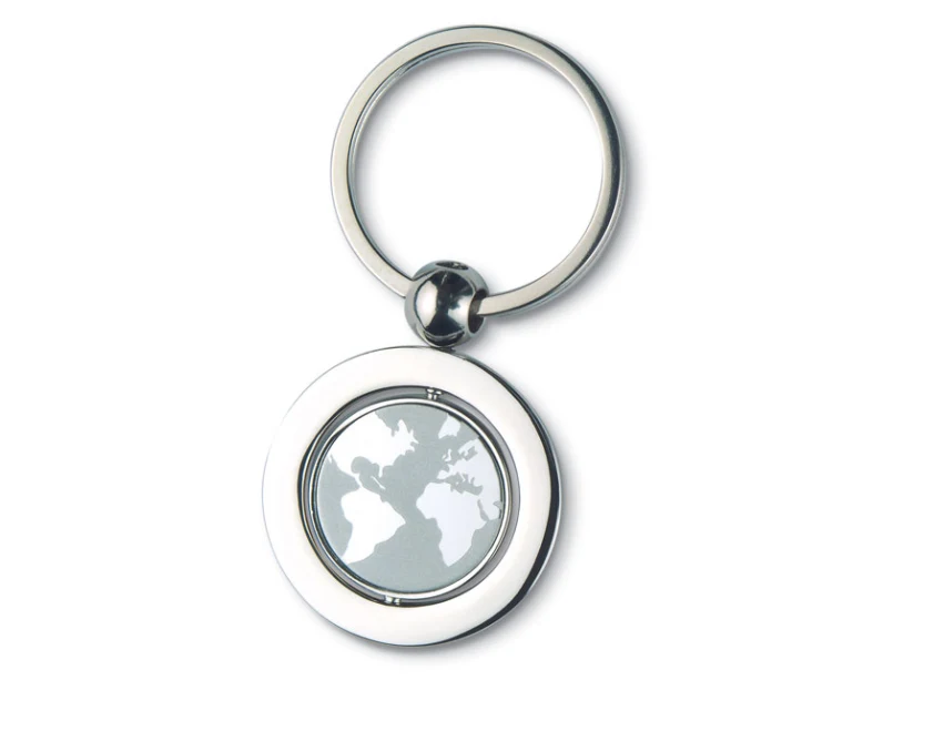Srebrny brelok kula ziemska z grawerem logo w pudełku