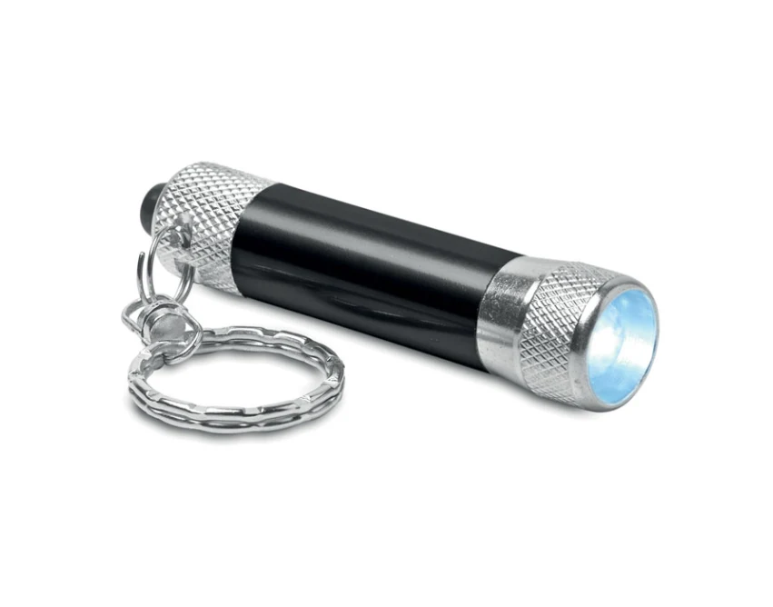Czarny brelok aluminiowy z latarką Arizo i grawerem logo