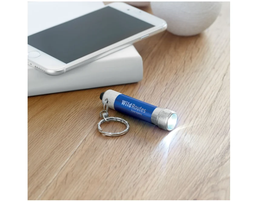 Niebieski aluminiowy brelok latarka LED Arizo z logo