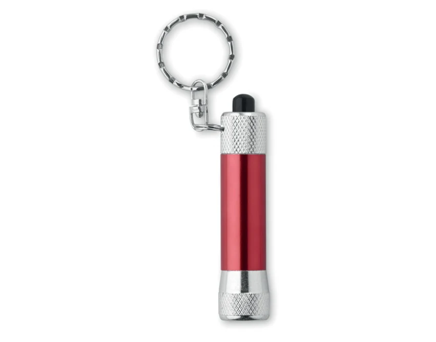Czerwony brelok aluminiowy Arizo z latarką i grawerem logo