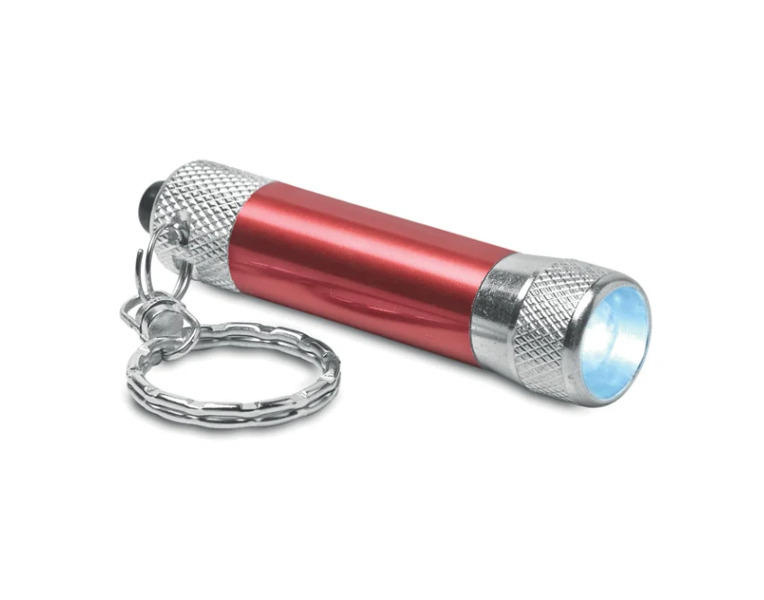Czerwony brelok aluminiowy Arizo z latarką i grawerem logo