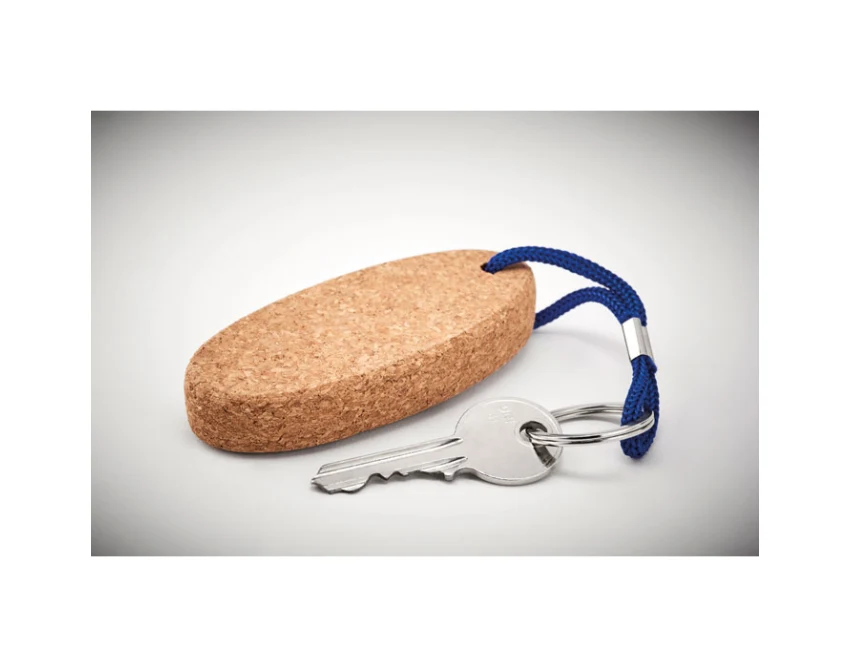 Brelok korkowy pływający z niebieskim sznurkiem i logo