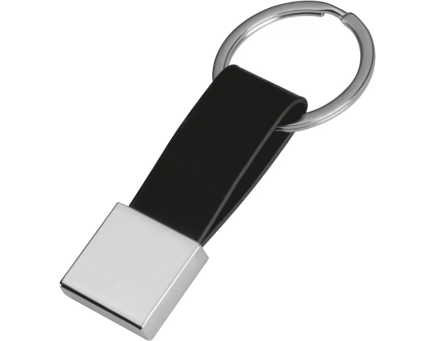 Czarny brelok metalowy z grawerem logo firmowego PU