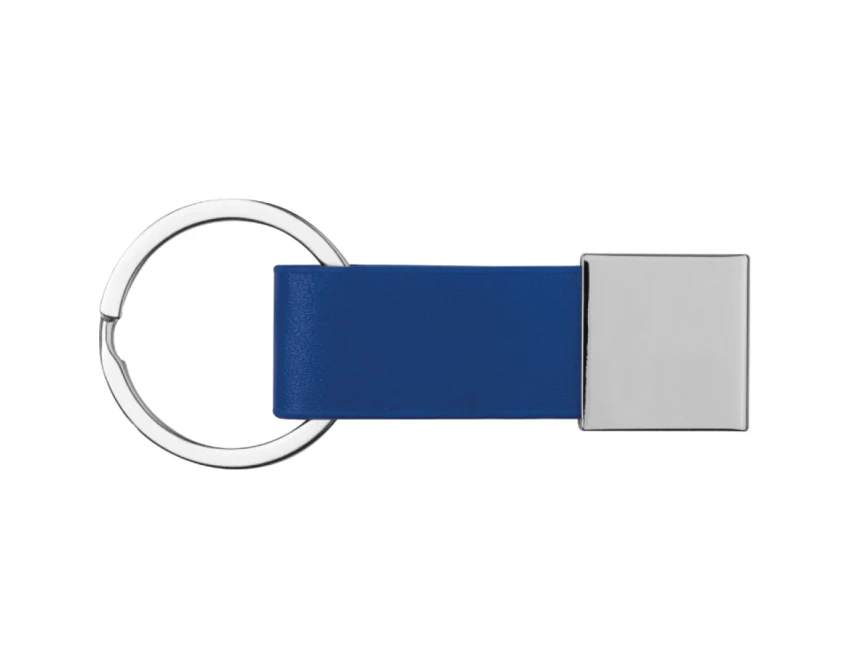 Niebieski brelok z grawerem logo, metal i pasek PU