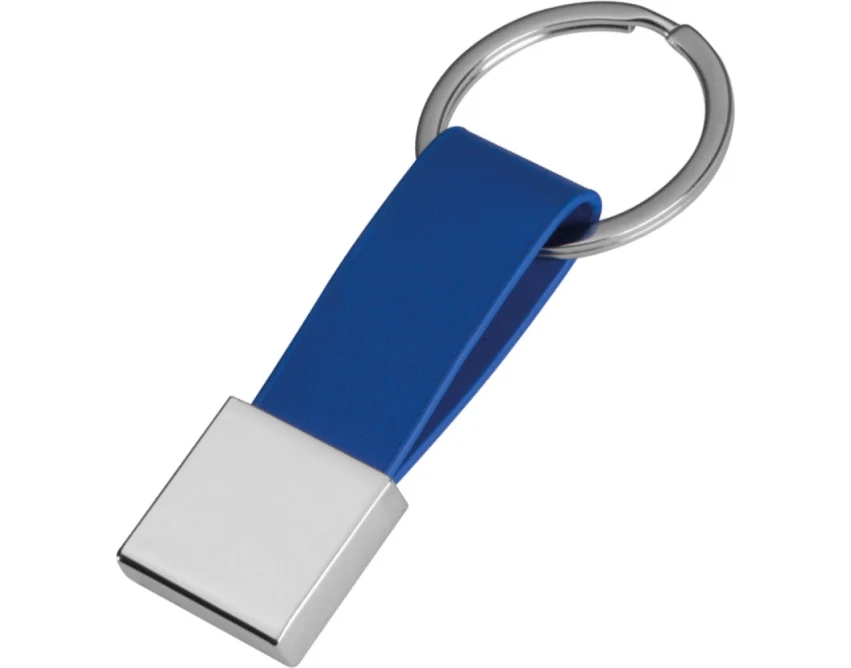 Niebieski brelok z grawerem logo, metal i pasek PU