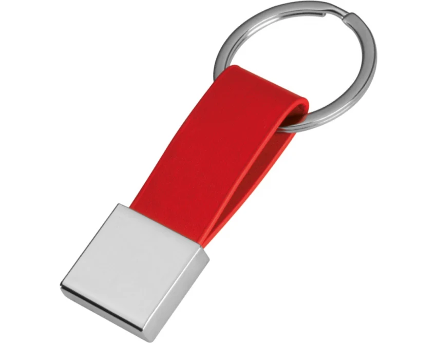 Czerwony brelok z grawerem logo na metalowej blaszce