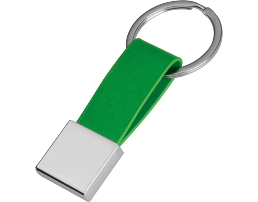 Zielony brelok z grawerem logo – metal i pasek PU