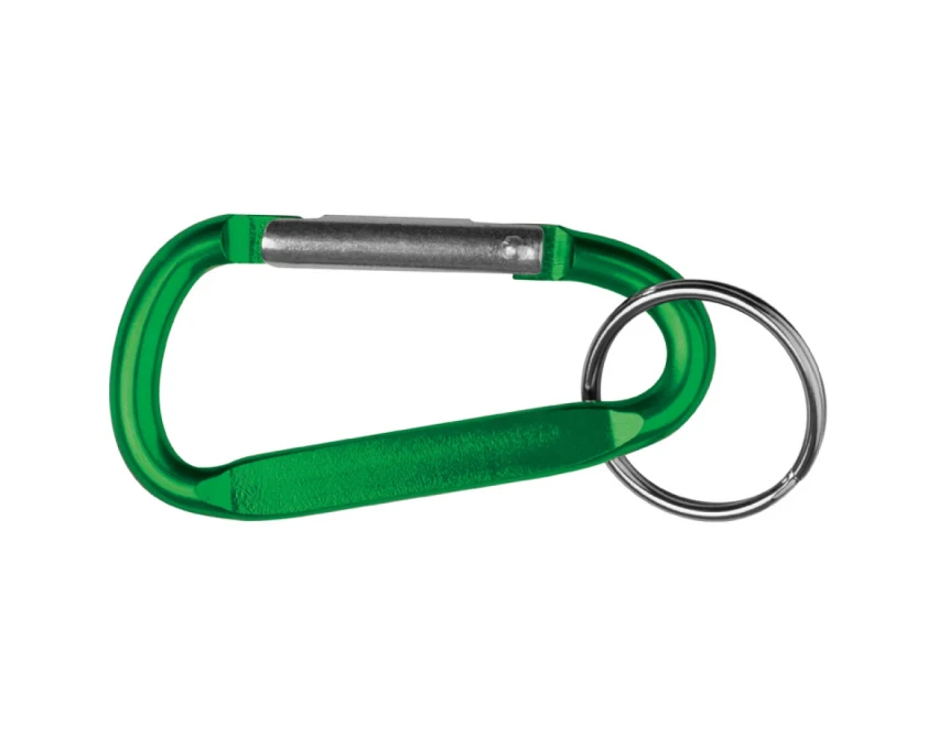 Zielony brelok metalowy z karabińczykiem i grawerem logo