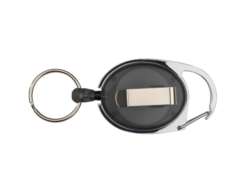 Czarny brelok skipass z metalowym karabińczykiem i linką