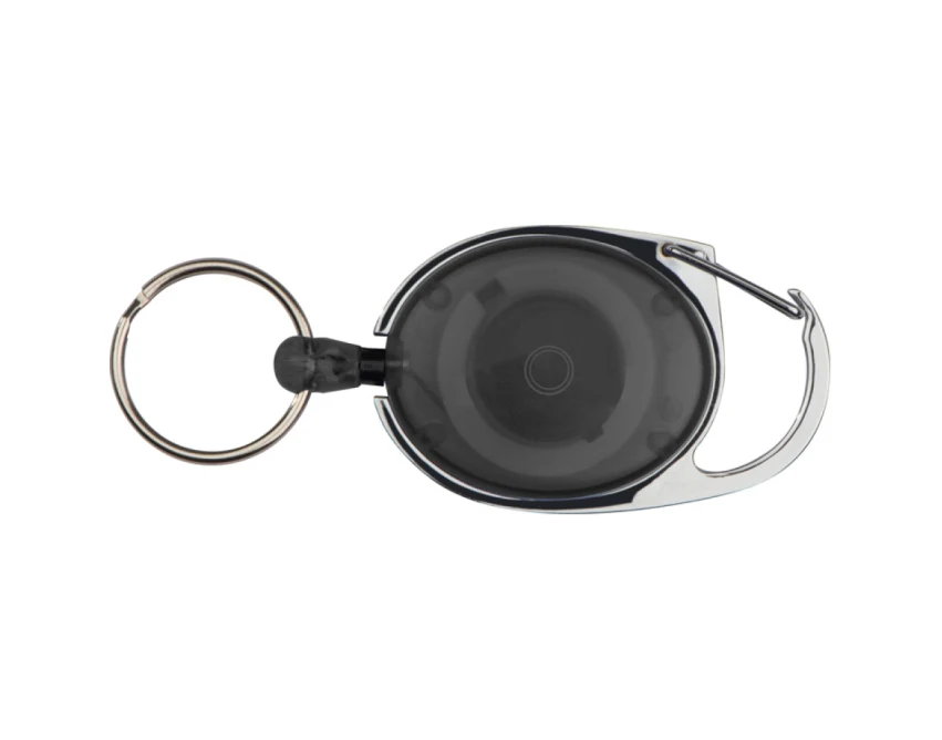 Czarny brelok skipass z metalowym karabińczykiem i linką