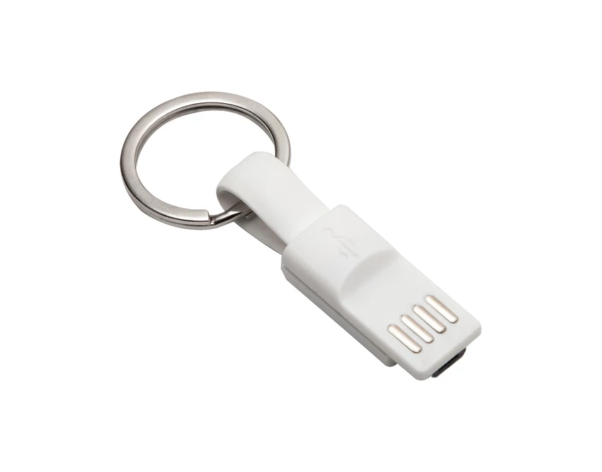Biały brelok USB z micro USB do ładowania z logo firmy