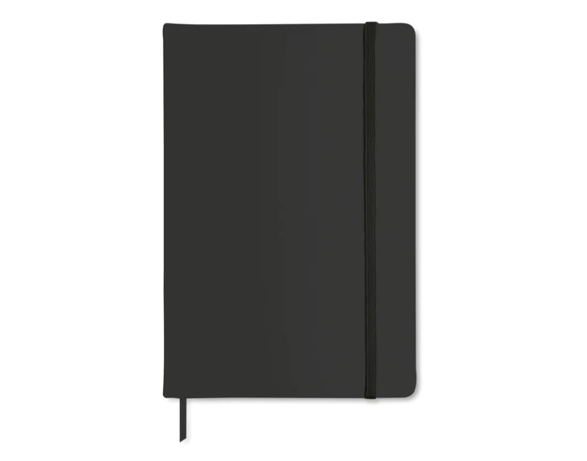 Czarny notatnik A6 z logo, twarda okładka PU, FSC 192 strony