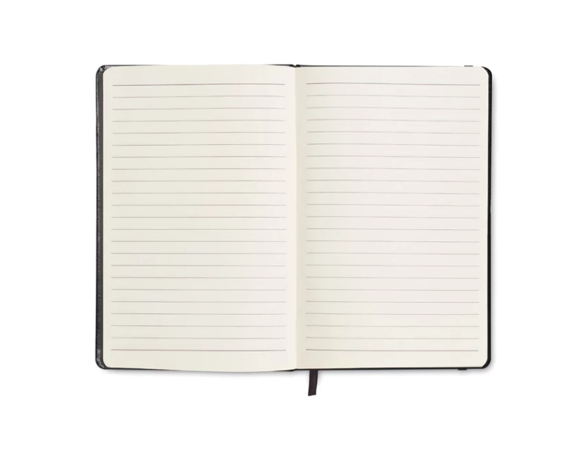 Czarny notatnik A6 z logo, twarda okładka PU, FSC 192 strony