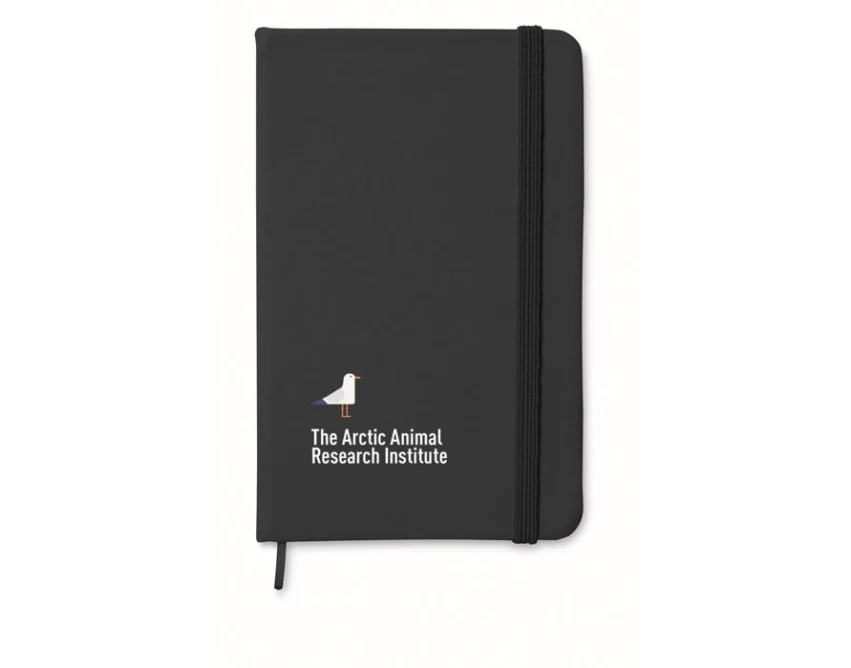 Czarny notatnik A6 z logo, twarda okładka PU, FSC 192 strony