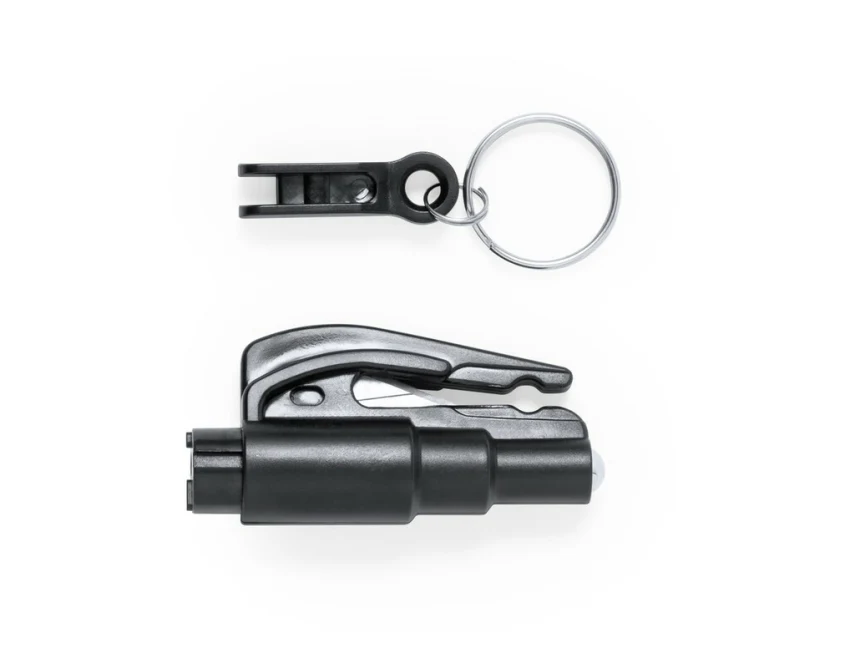 Czarny brelok wielofunkcyjny ABS z logo – bezpieczeństwo