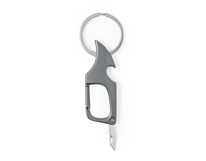 Srebrny brelok metalowy 3w1 z logo: otwieracz i ostrze