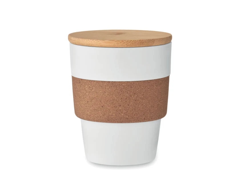Biały eko kubek z recyklingu 300 ml z logo, korek, bambus