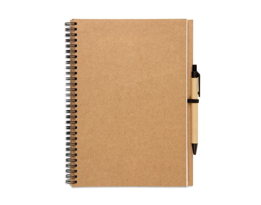 Beżowy notes eko z logo i długopisem z recyklingu 140 stron