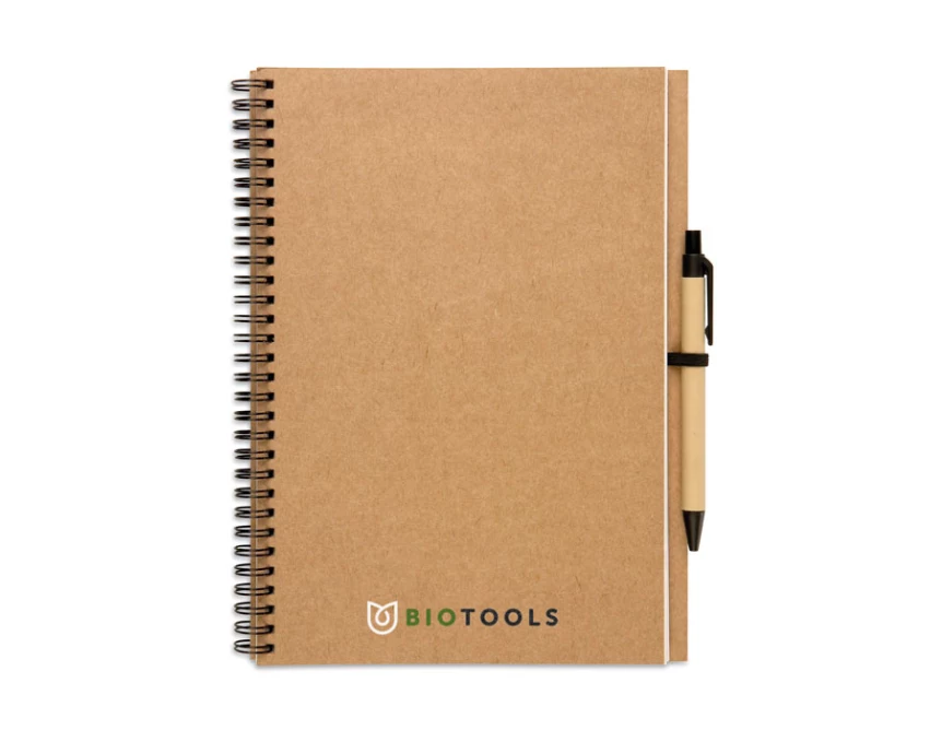 Beżowy notes eko z logo i długopisem z recyklingu 140 stron