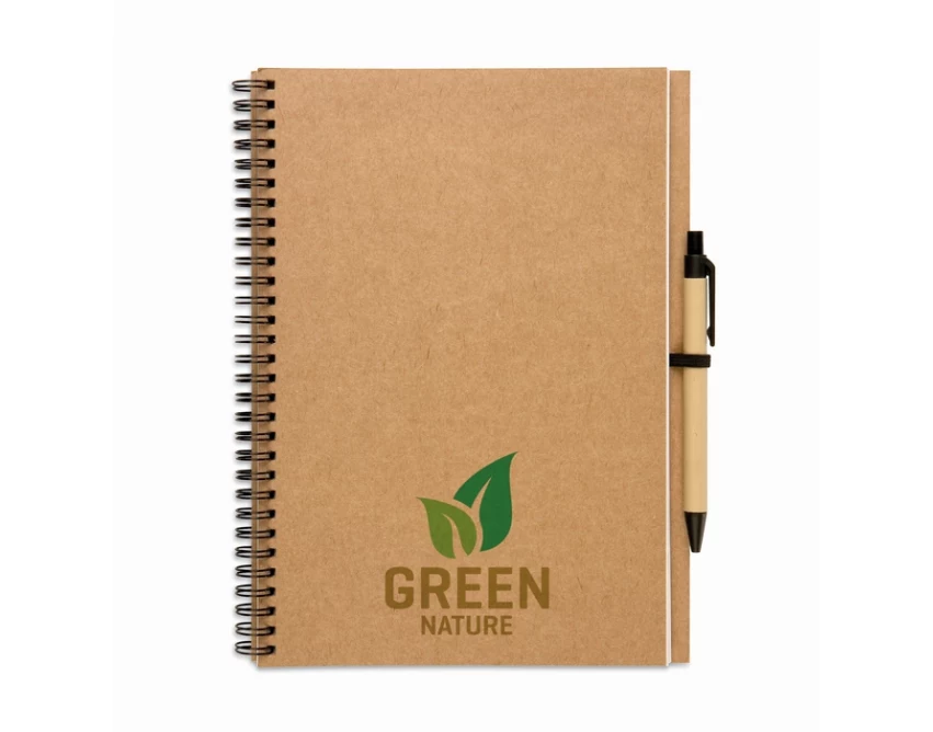 Beżowy notes eko z logo i długopisem z recyklingu 140 stron