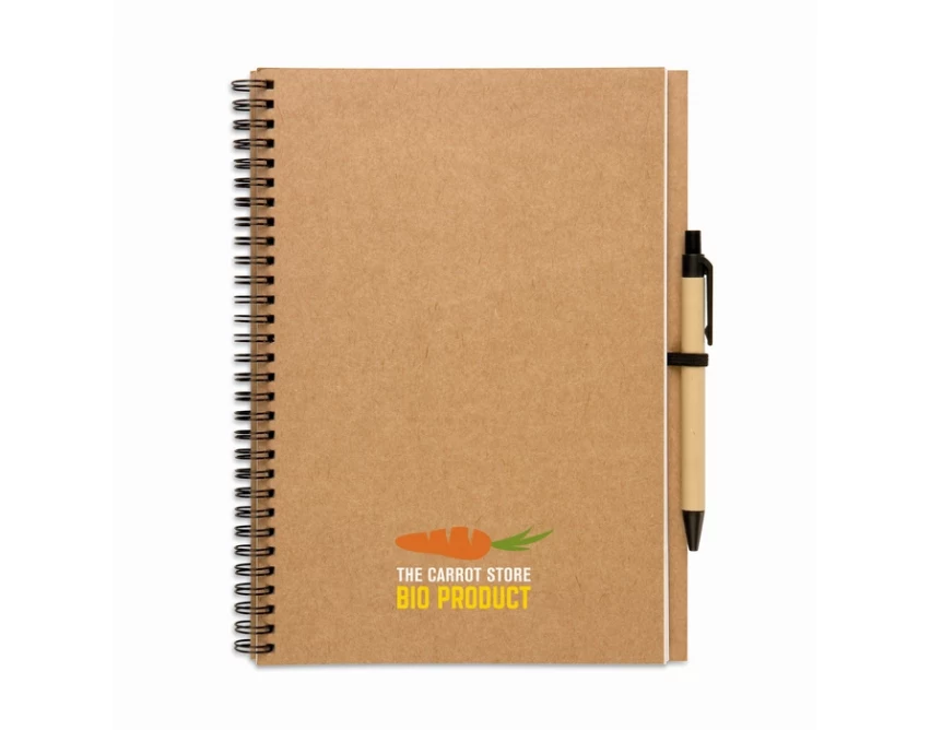 Beżowy notes eko z logo i długopisem z recyklingu 140 stron