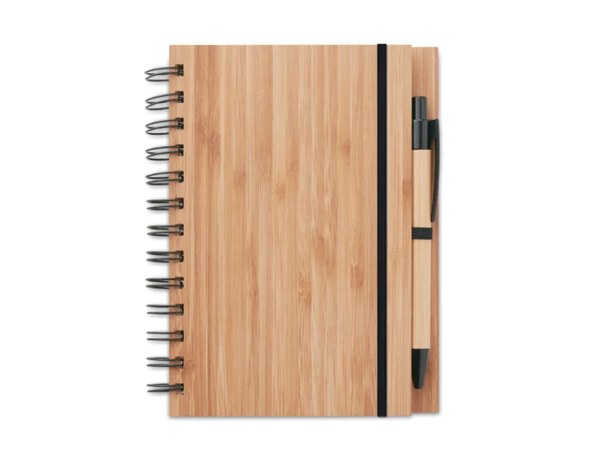 Bambusowy notes A5 z długopisem i logo – wersja Drewna