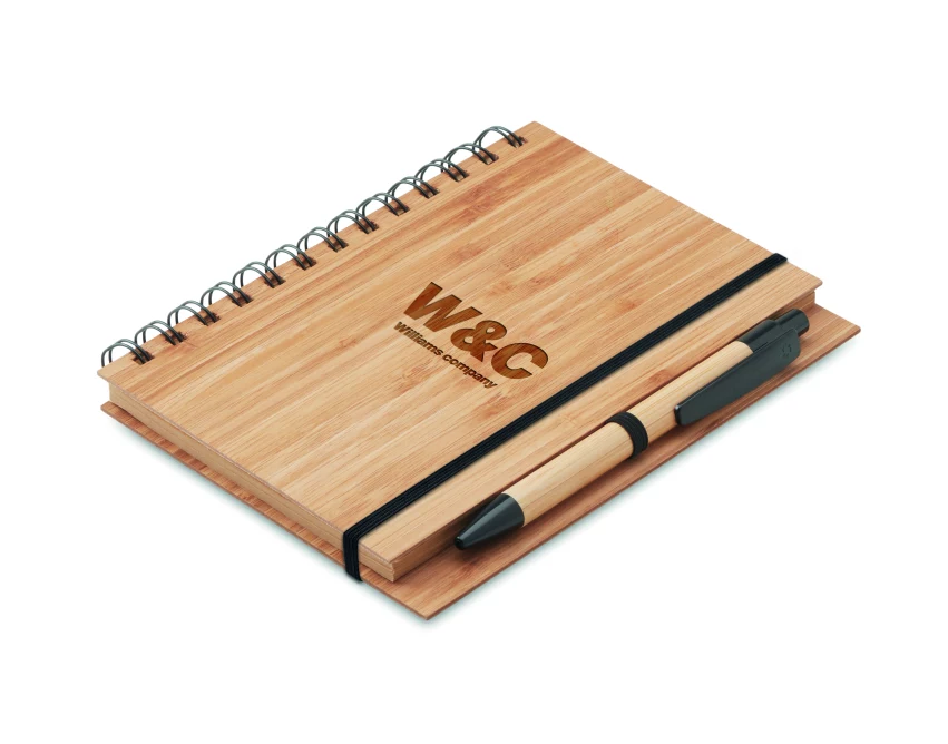 Bambusowy notes A5 z długopisem i logo – wersja Drewna