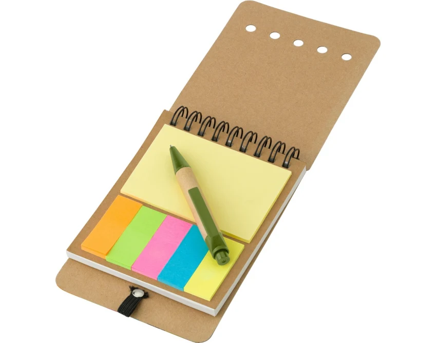 Kraftowy notes A6 z karteczkami i zielonym długopisem