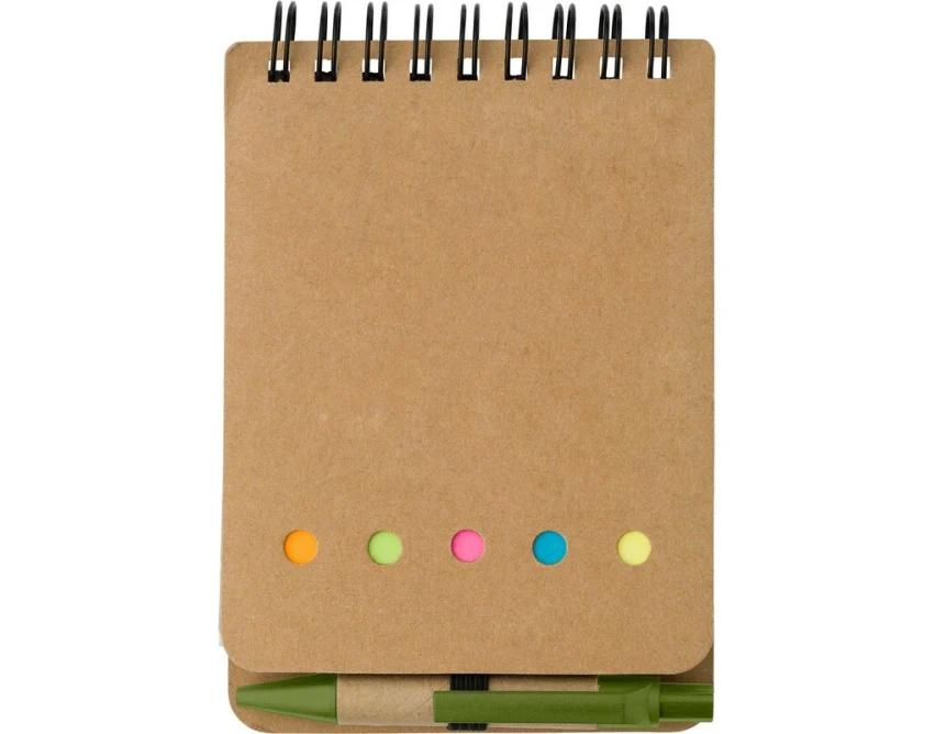 Kraftowy notes A6 z karteczkami i zielonym długopisem