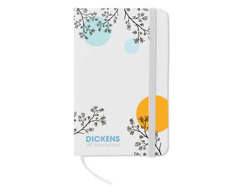 Biały notes firmowy A6 Notelux z logo, twarda okładka PU