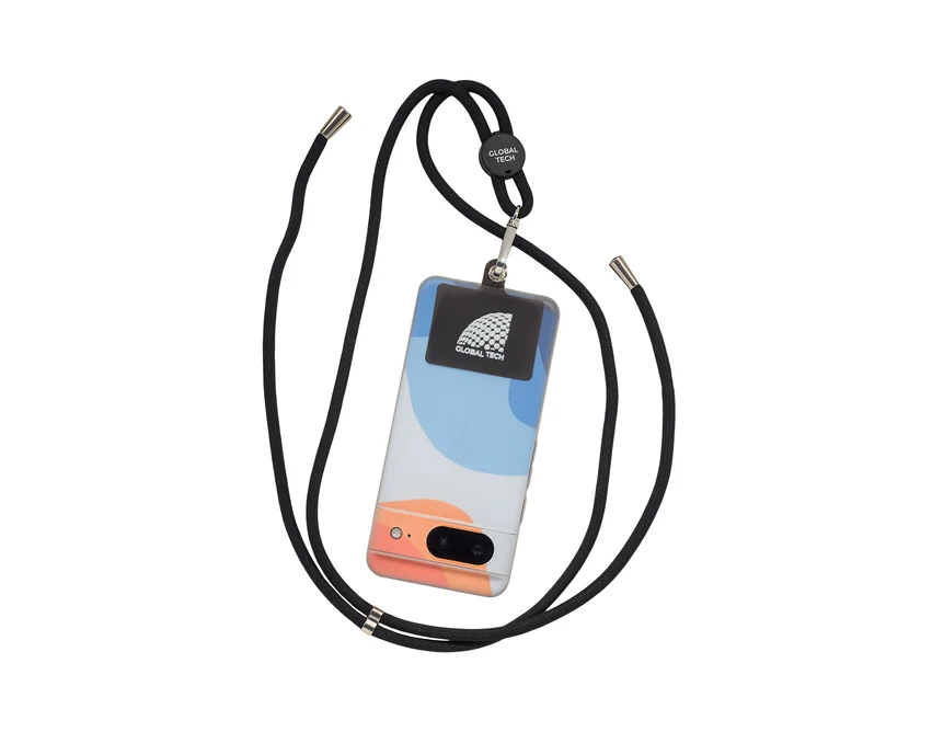 Czarna smycz do telefonu Flex z logo, poliester i metal