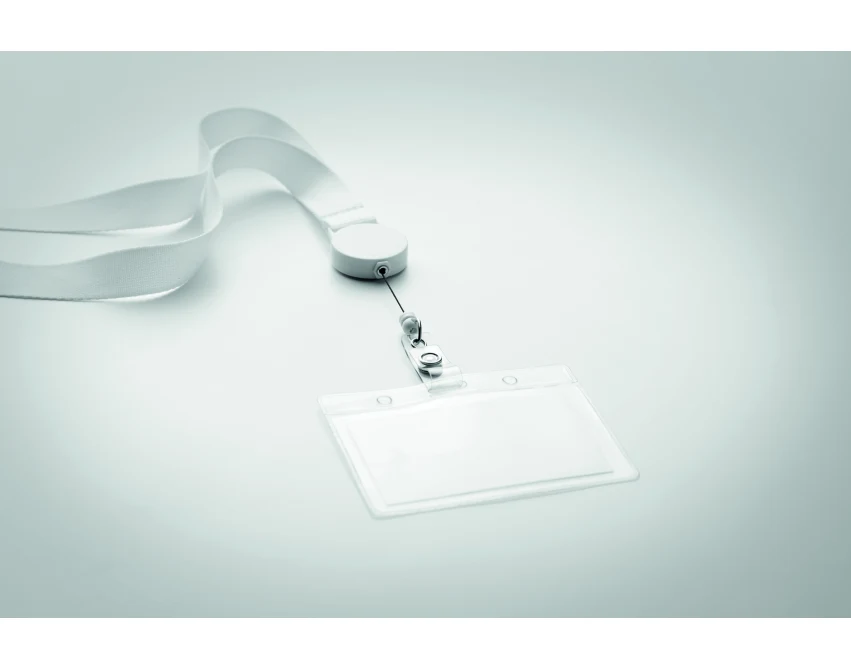 Biała smycz poliestrowa 20mm z wysuwanym uchwytem zip