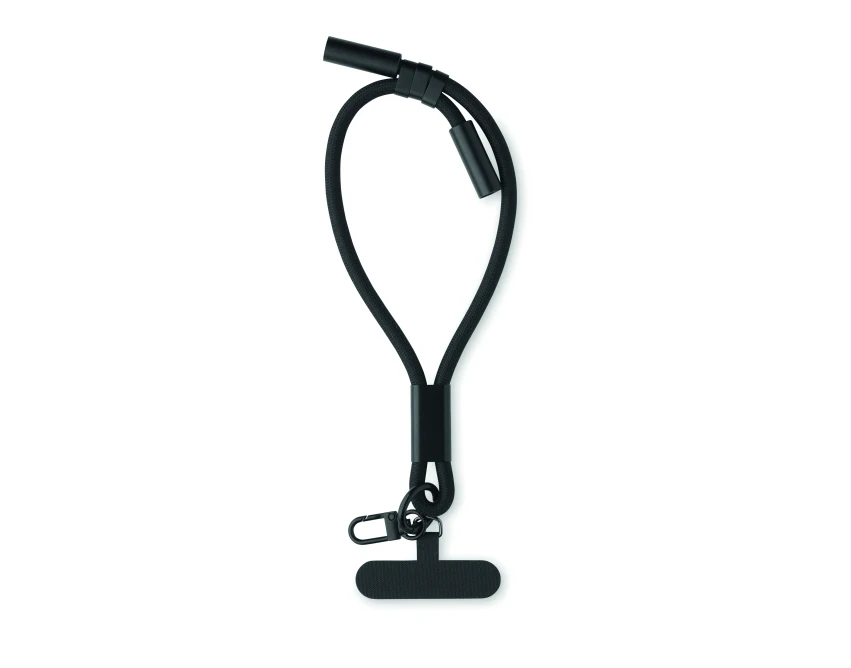 Czarna smycz RPET 60W USB-C z klipsem i logo firmy