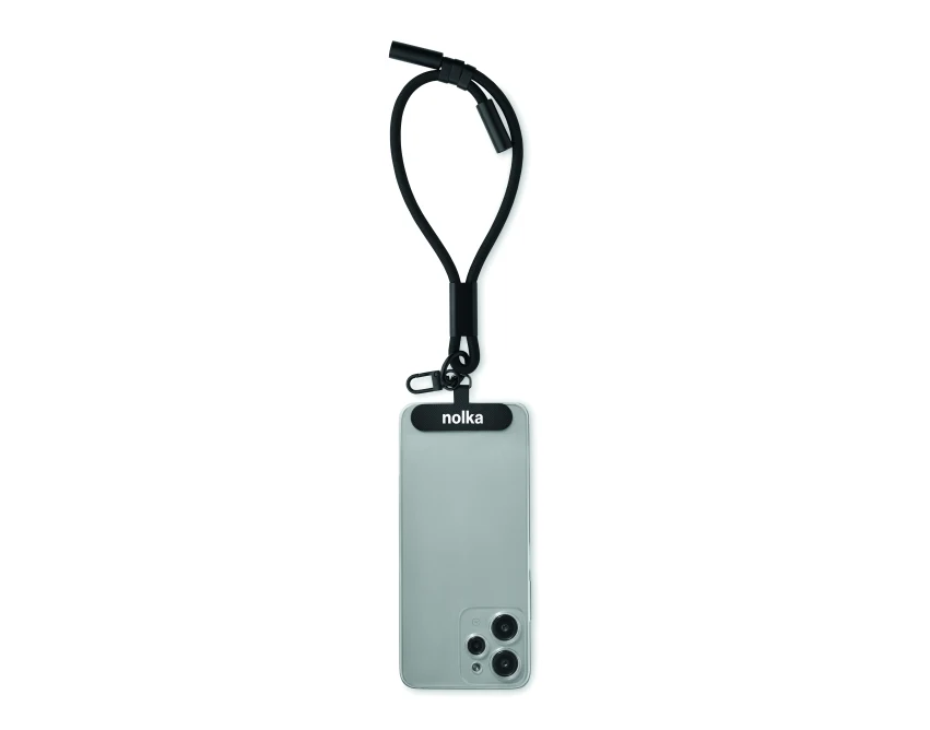 Czarna smycz RPET 60W USB-C z klipsem i logo firmy