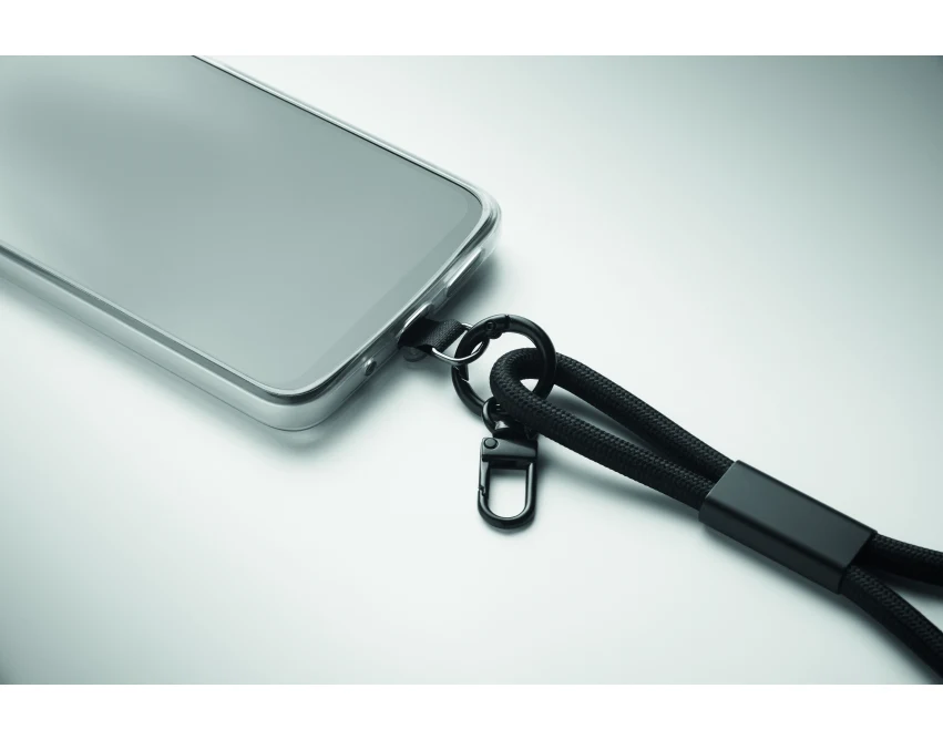 Czarna smycz RPET 60W USB-C z klipsem i logo firmy