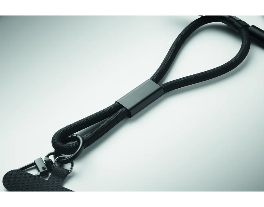 Czarna smycz RPET 60W USB-C z klipsem i logo firmy