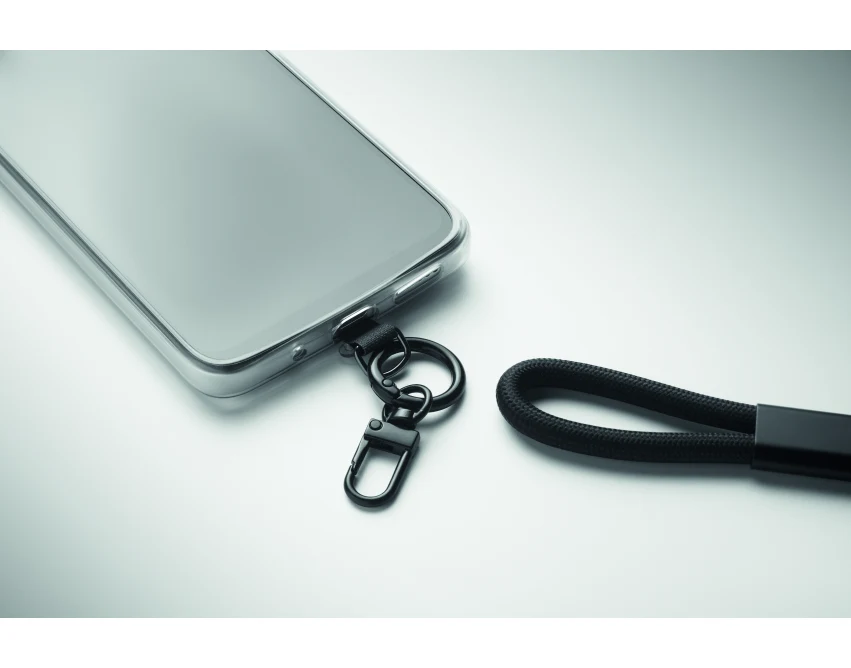 Czarna smycz RPET 60W USB-C z klipsem i logo firmy